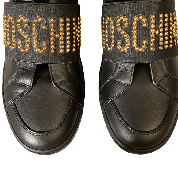 NWT Moschino Banded Slip-on Black Leather Sneakers 38 Gold Crystals - Picture 4 of 8